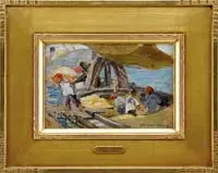 Unloading the Boat by George Elmer Browne, Oil on canvasboard dockside scene shows four men with gangplank unloading bags of produce from boat, offered Feb 2009