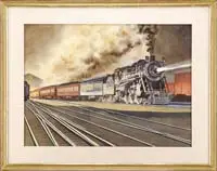 Francis Wenderoth Saunders, Arriving at the Rail Yard, Large watercolor shows a black locomotive with tender and five passenger cars coming into a multi-track rail yard