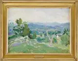 Frederick Lester Sexton, Springtime in Connecticut, Oil on canvasboard panoramic view landscape shows a valley area with low hills in the background