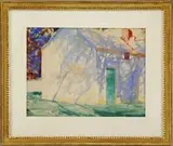 The Green Door by John Whorf, Watercolor scene shows blue shadows reflecting on a white stucco house having a green door and brick chimney, offered Feb 2009