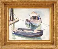 Daniel Ralph Celantano, East Harlem River, Watercolor scene shows three boats moored to dock post, a man with blue bib overalls works on largest boat