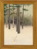 Two Works: Summer and Winter by Hartwell Leon Woodcock, 1) Watercolor scene looking into the woods with white birches and pines, offered Feb 2009