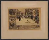 Félix Buhot, Two Works: “La Place Breda D’Hiver a Paris” and the Cabstand, 1) Large etching shows a Paris street scene surrounded by small vignettes of Paris scenes