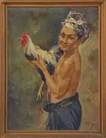 A. Hasim, The Prize Rooster, Oil on canvas scene shows a young Indonesian boy holding a black and white rooster with a proud look