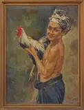 A. Hasim, The Prize Rooster, Oil on canvas scene shows a young Indonesian boy holding a black and white rooster with a proud look