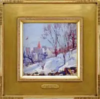 Ernest D. Roth, Hillside Castle, Oil on board winter scene shows a snow covered hillside with trees looking over to a castle with red spire and flag