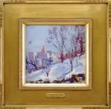 Ernest D. Roth, Hillside Castle, Oil on board winter scene shows a snow covered hillside with trees looking over to a castle with red spire and flag