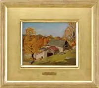 Frederick Lester Sexton, Hillside Farm, Oil on canvasboard fall scene shows a connected building farm at the base of a hill strewn with boulders