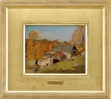 Frederick Lester Sexton, Hillside Farm, Oil on canvasboard fall scene shows a connected building farm at the base of a hill strewn with boulders