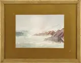 White Surf by Hartwell Leon Woodcock, Watercolor shoreline scene shows waves crashing onto upright rock ledges, offered Feb 2009