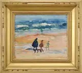 Ethelwyn Bradisk, Ogunquit Beach 1920, Watercolor scene shows three figures walking left to right on a sandy beach with crashing waves under blue sky