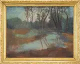 William James Glackens, Impressionistic Landscape with River and Woods, Pastel scene showing a line of trees which water curves through