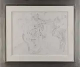 Marsden Hartly, Gattieres, Pencil drawing of a city on a hill with clock tower and buildings