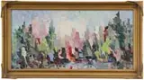 Arthur Beecher Carles Jr., Modern Cityscape, Oil on masonite modernist view shows the skyline of a large city flanked by trees