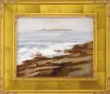 Harold Stanwood Maddocks, Twin Lights, Gloucester, Oil on canvas Cape Ann scene shows rock ledge with crashing waves with Thatcher’s Island and the Twin Lighthouses