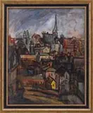Theresa Bernstein, Gloucester Mass, Oil on canvas scene looking up at the city of Gloucester, MA from the harbor point of view