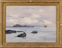 John Fraser, En La Costa De Viscaya, Large watercolor coastal scene shows several ships on calm water off a coastline with grass covered cliffs