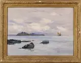 John Fraser, En La Costa De Viscaya, Large watercolor coastal scene shows several ships on calm water off a coastline with grass covered cliffs