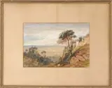 James Dufnell Harding, Castle Gandolpho (The Pope’s Summer Residence), Watercolor scene shows an Italian villa on bluff overlooking an expansive valley floor with mountain in the background