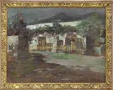 R. Giordano, The Villa, Oil on canvas evening scene shows a villa or stucco fronted building with two-doorways with mountain background