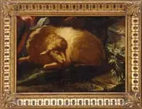 The Lamb by Unsigned, Oil on canvas Old Master style scene shows a lamb lying next to rocks. A hand is seen in left corner, offered Aug 2008
