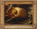 Unsigned, The Lamb, Oil on canvas Old Master style scene shows a lamb lying next to rocks. A hand is seen in left corner