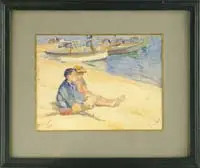 Children on a Beach by Signed, Impressionist watercolor of a boy and a girl seated on a sunny beach. In the background numerous boats and figures, offered Aug 2008