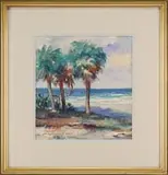 Stanley Wingate Woodward, Palm Beach, Florida watercolor scene shows a group of three palm trees at edge of beach with waves cresting on the shore