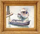 Daniel Ralph Celantano, East Harlem River, Watercolor scene shows three boats moored to dock post, a man with blue bib overalls works on largest boat