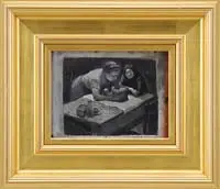Three Generations by Daniel Ralph Celantano, Black and white oil on board illustration shows a mother with her newborn infant with grandmother seated beside, offered Aug 2008