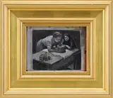 Daniel Ralph Celantano, Three Generations, Black and white oil on board illustration shows a mother with her newborn infant with grandmother seated beside