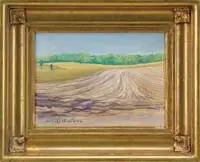 Daniel Ralph Celantano, Fields and Trees, Pastel on paper scene shows a field area leading to water with a line of trees bordering a golden field
