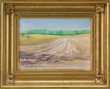 Daniel Ralph Celantano, Fields and Trees, Pastel on paper scene shows a field area leading to water with a line of trees bordering a golden field