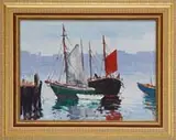Caesare A. Ricciardi, Boats in Harbor, Oil on board scene shows several boats in a tranquil harbor. One is shown with a white sail, another with a red sail