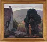 Alphonse Palumbo, Feeding the Ducks, Oil on canvas scene shows a woman feeding three ducks outside her house with trees and mountains