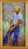 Roland Strasser, The Farmer, Large oil on canvas scene shows a man with shovel/rake tending to his chores outside a blossoming orchard