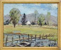 Landscape with Farm by Harry Leslie Hoffman, Heavy oil on board scene shows a farm with fences, field and water with dock and boat. Mountain backdrop under blue sky, offered Aug 2008