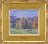 David Karfunkle, Colorful Landscape, Oil on board scene shows a horse grazing in green meadow with colorful trees and mountains with blue and purple sky
