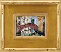 Robert Crannell Minor, Petrella Sa Bologna, Venezia, Oil on wood panel shows an arched bridge over a Venice canal with colorful buildings