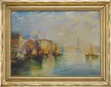 T Angelski, Venice, Oil on canvas Venice waterway scene shows the Grand Canal with sailboats and large buildings surrounding water