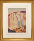 Bessie Ella Hazen, Western Dam, Watercolor scene appears to show a large concrete dam spanning a canyon
