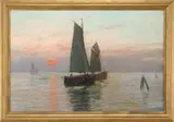Inar From, Sunset Fishing, Oil on canvas seascape shows a setting red sun reflecting on a tranquil ocean with several fishing boats having sails up