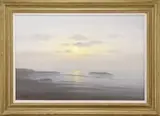 Gladwell, Early Dawn, Oil on canvas early morning scene shows a sun rising over the mist on a tranquil beach scene with rocks, sand and water