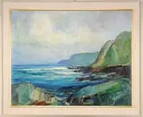 Anton Henry Dahl, Davenport Landing, Large oil on canvas coastal scene shows a colorful ocean with nearby coastal cliffs covered in grass
