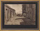 S. Warner, Fisherman’s Alley, Nantucket, Pencil drawing of an alleyway between buildings leading to a dock area