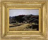 Carlton Theodore Chapman, Cape Ann Hillside, Oil on wood panel scene shows a beach leading to a rocky hillside with house under blue sky