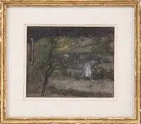 Henry Muhrmann, Woman in Cottage Garden, Pastel scene shows a woman working in a garden under twilight