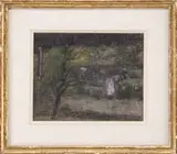 Henry Muhrmann, Woman in Cottage Garden, Pastel scene shows a woman working in a garden under twilight