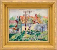Francis Norton Johnson, Backyard View, Oil on board colorful scene shows several buildings with a garden backyard with fence, flowers and electric pole