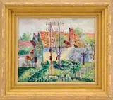 Francis Norton Johnson, Backyard View, Oil on board colorful scene shows several buildings with a garden backyard with fence, flowers and electric pole